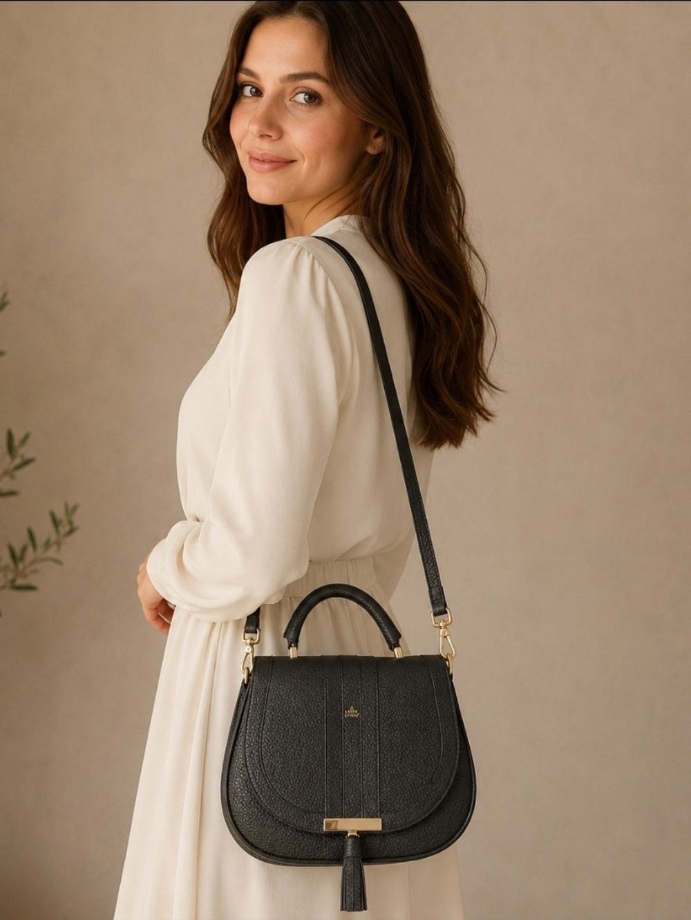 DeMellier London The Mini Venice Black Grain Leather Top Handle Crossbody Bag